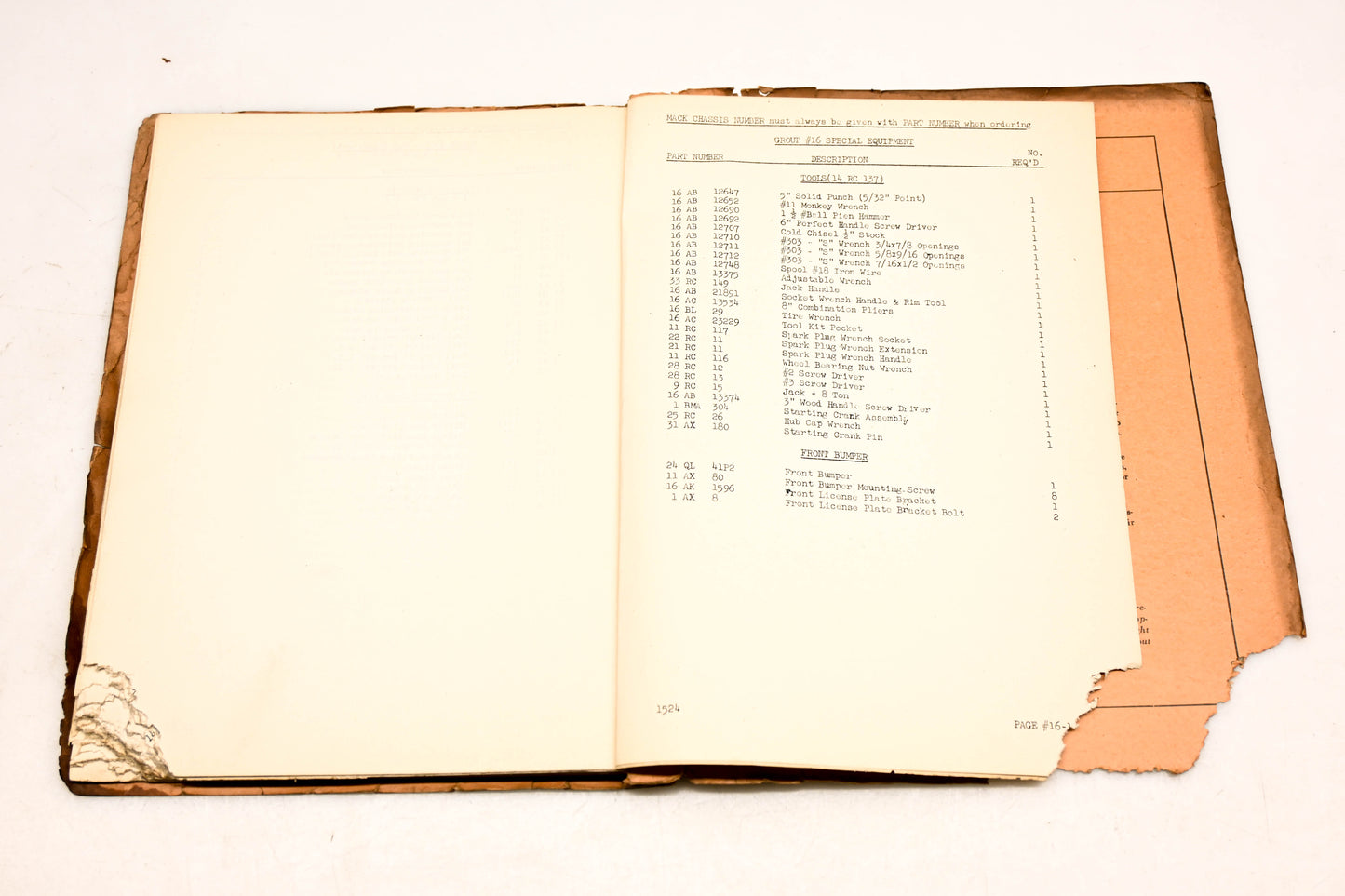Mack 1524 1946 Model LFT - EN510 Parts List Manual