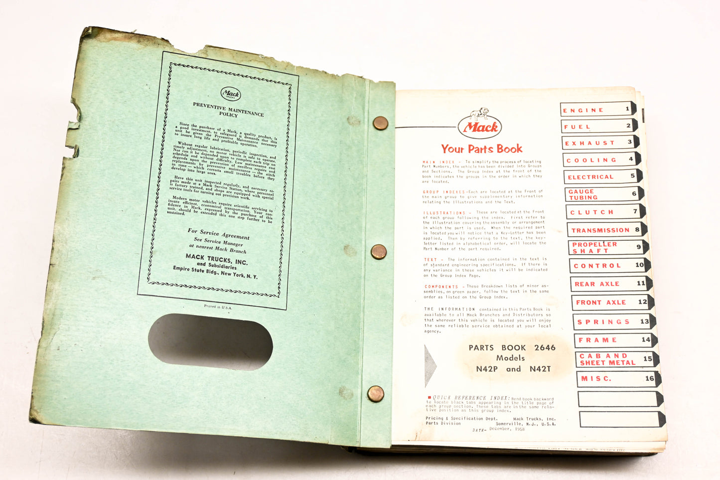 Mack 2646 1958 Model N42P/N42T Parts List Manual