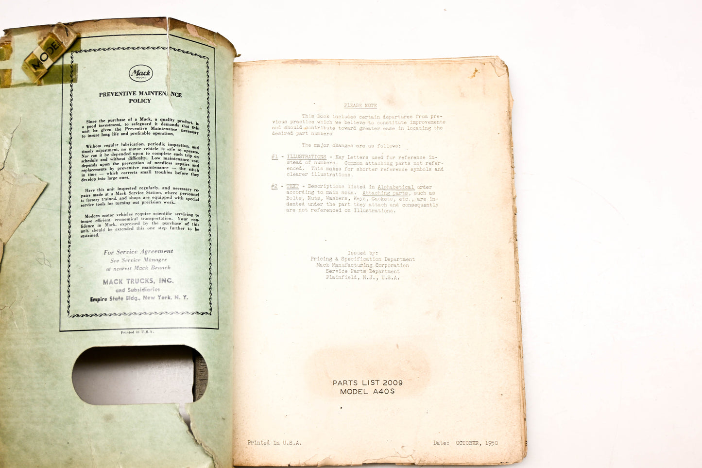 Mack 2009 1950 Model A40S Parts List Manual