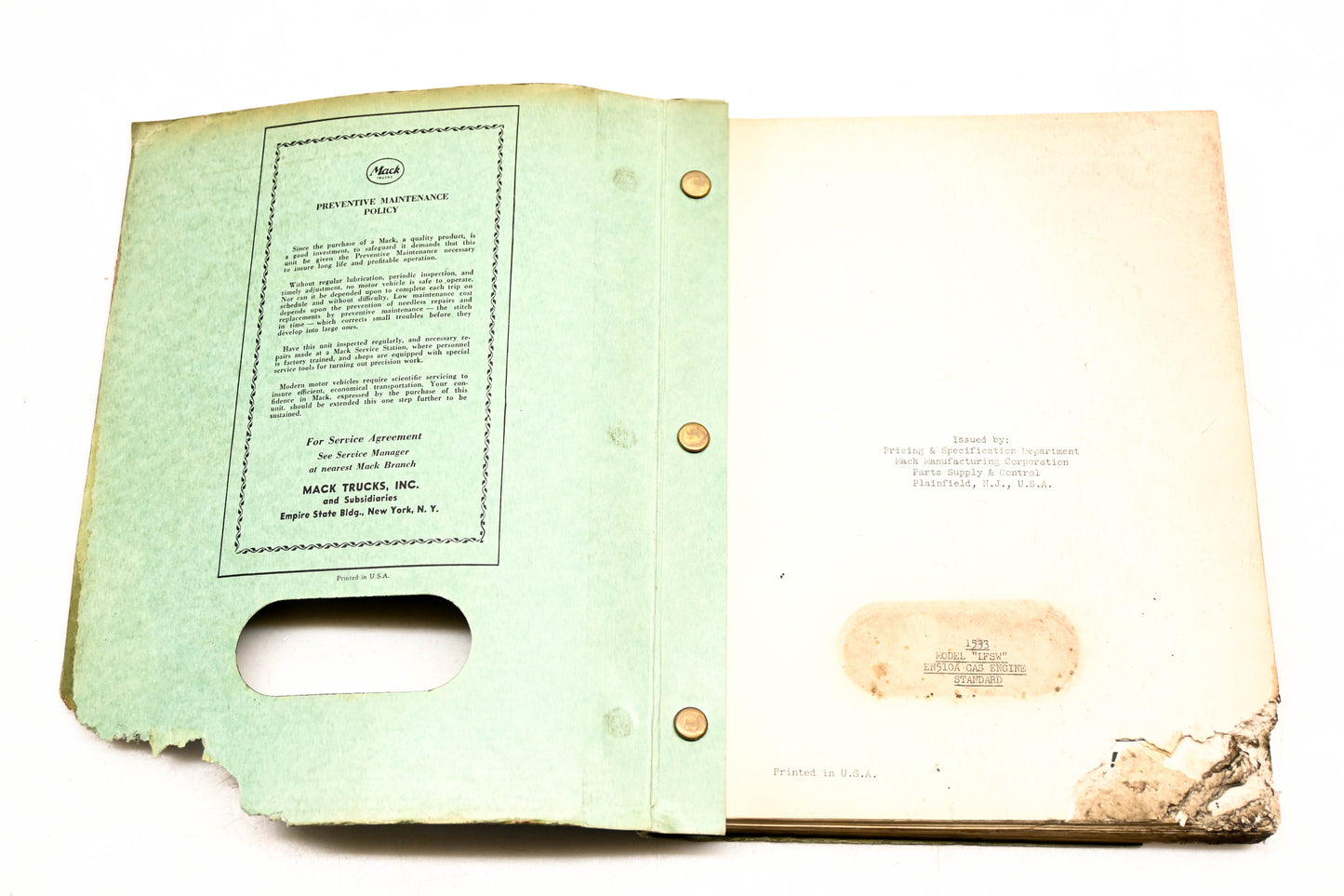 Mack 1533 1952 Model LFSW - EN510A Parts List Manual