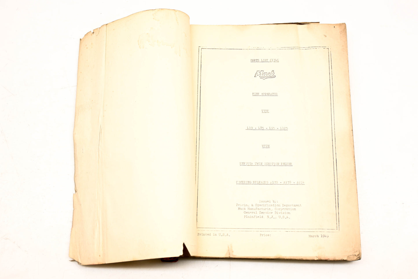 Mack 1746 1949 Fire Apparatus L19/L85/L95/L125 - ENF707A Parts List Manual