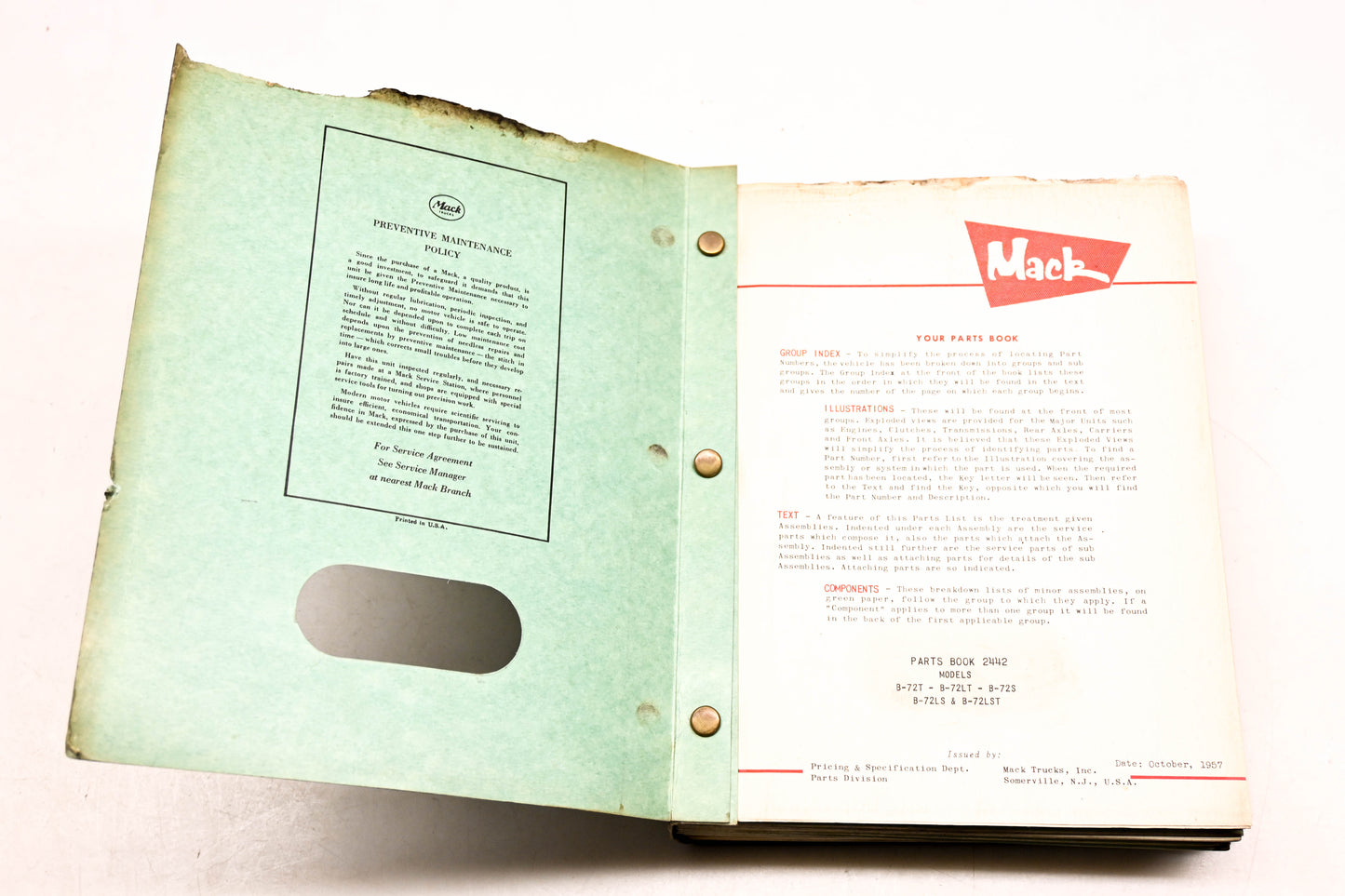 Mack 2442 1957 Model B-72T/LT/S/LS/LST Parts List Manual