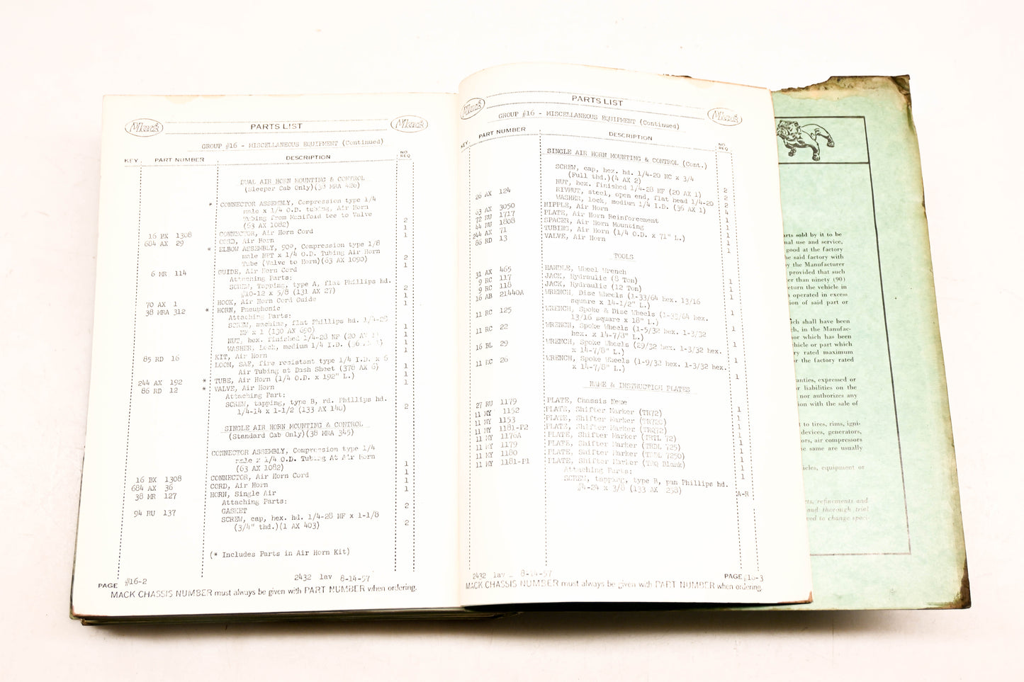 Mack 2442 1957 Model B-72T/LT/S/LS/LST Parts List Manual