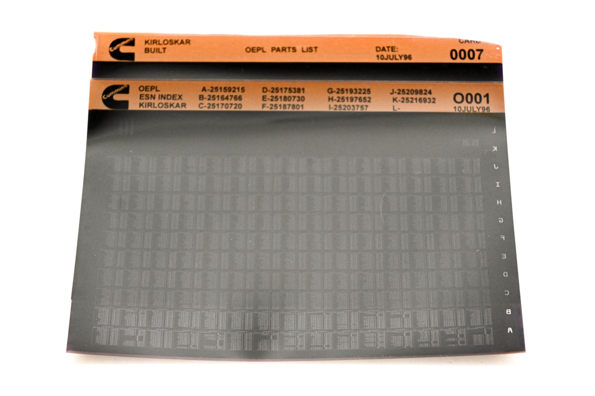 Cummins O001, 0007 1996 Kirloskar OEPL Parts List & ESN Index Lot of 2 Microfiche NOS