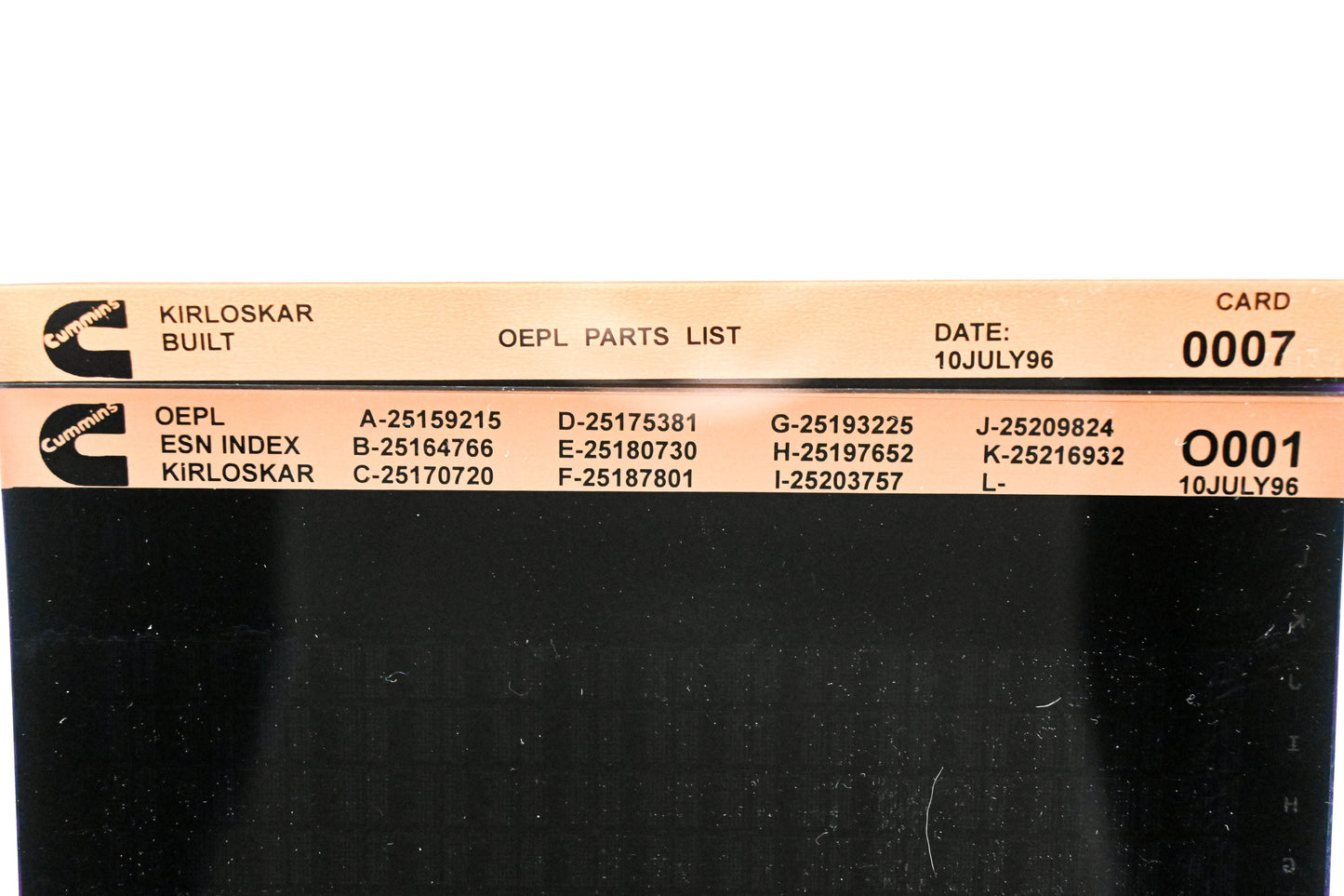 Cummins O001, 0007 1996 Kirloskar OEPL Parts List & ESN Index Lot of 2 Microfiche NOS