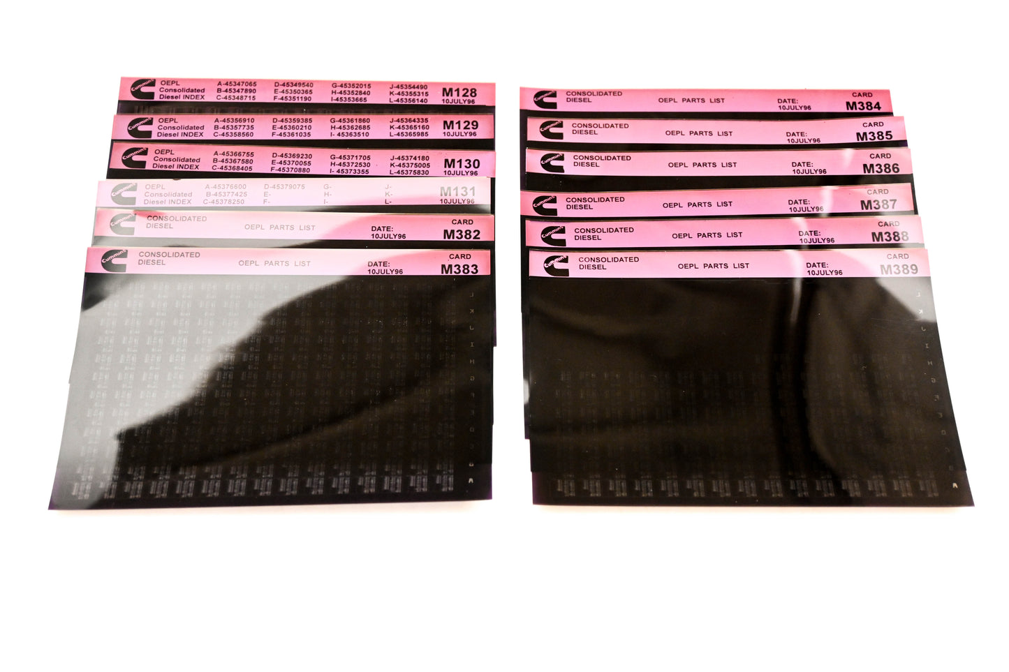 Cummins M128, M382, M389 1996 Consolidated Diesel OEPL Parts List & ESN Index Lot Of 12 Microfiche NOS
