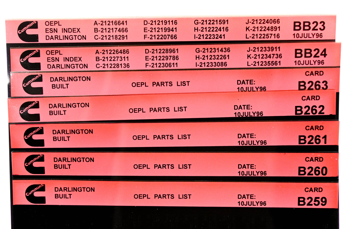 Cummins BB23, B259, B263 1996 Darlington OEPL Parts List & ESN Index Lot Of 7 Microfiche NOS