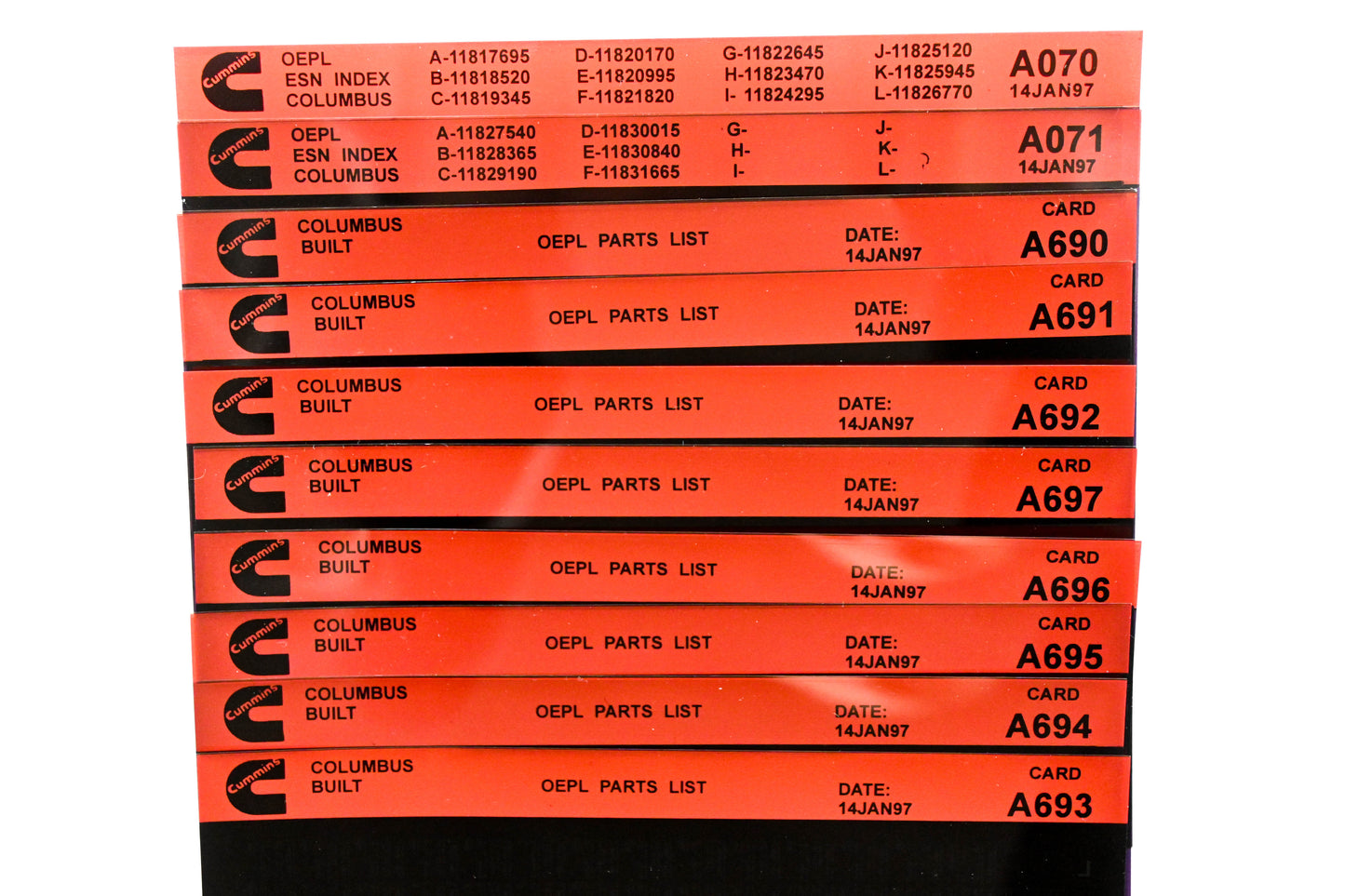 Cummins A070, A690, A697 1997 Columbus OEPL Parts List & ESN Index Lot Of 10 Microfiche NOS