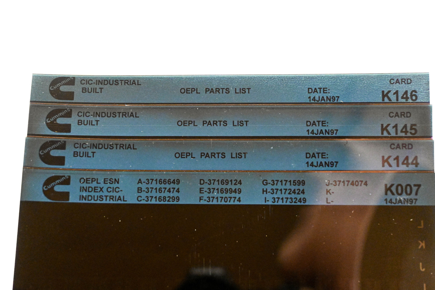 Cummins K007, K144, K146 1997 CIC Industrial OEPL Parts List & ESN Index Lot Of 4 Microfiche NOS