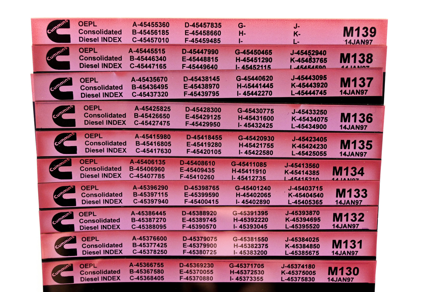 Cummins M130, M413, M426 1997 Consolidated Diesel OEPL Parts List & ESN Index Lot Of 24 Microfiche NOS
