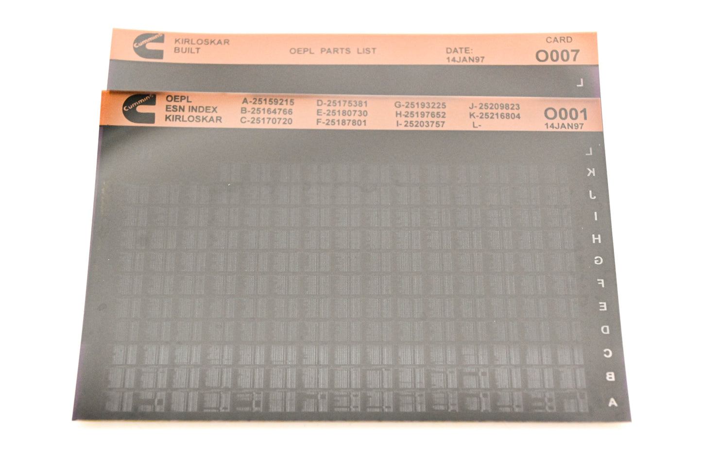 Cummins O001, O007 1997 Kirloskar OEPL Parts List & ESN Index Lot of 2 Microfiche NOS