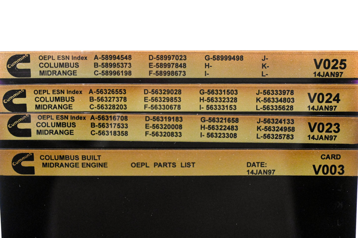 Cummins V003, V023, V025 1997 Columbus Midrange OEPL Parts List & ESN Index Lot Of 4 Microfiche NOS