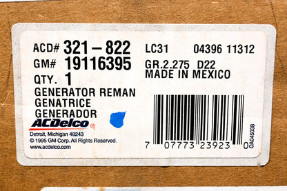 ACDelco 19116395, 321-822 Remanufactured Model# 8700056 12v Generator