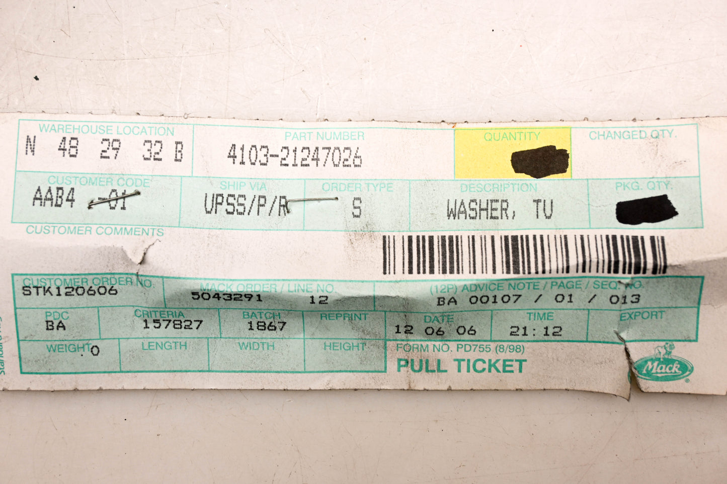 Mack 4103-21247026, 0021247026 Renault Turbo Washer NOS