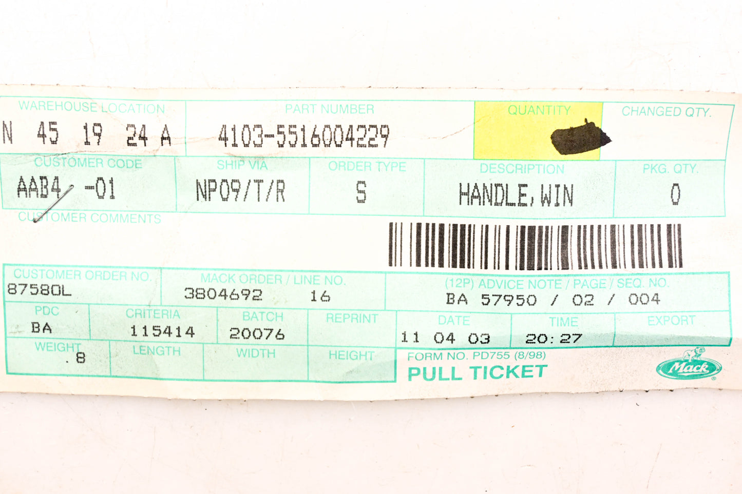 Mack 4103-5516004229, 5516004229 Renault Window Handle NOS