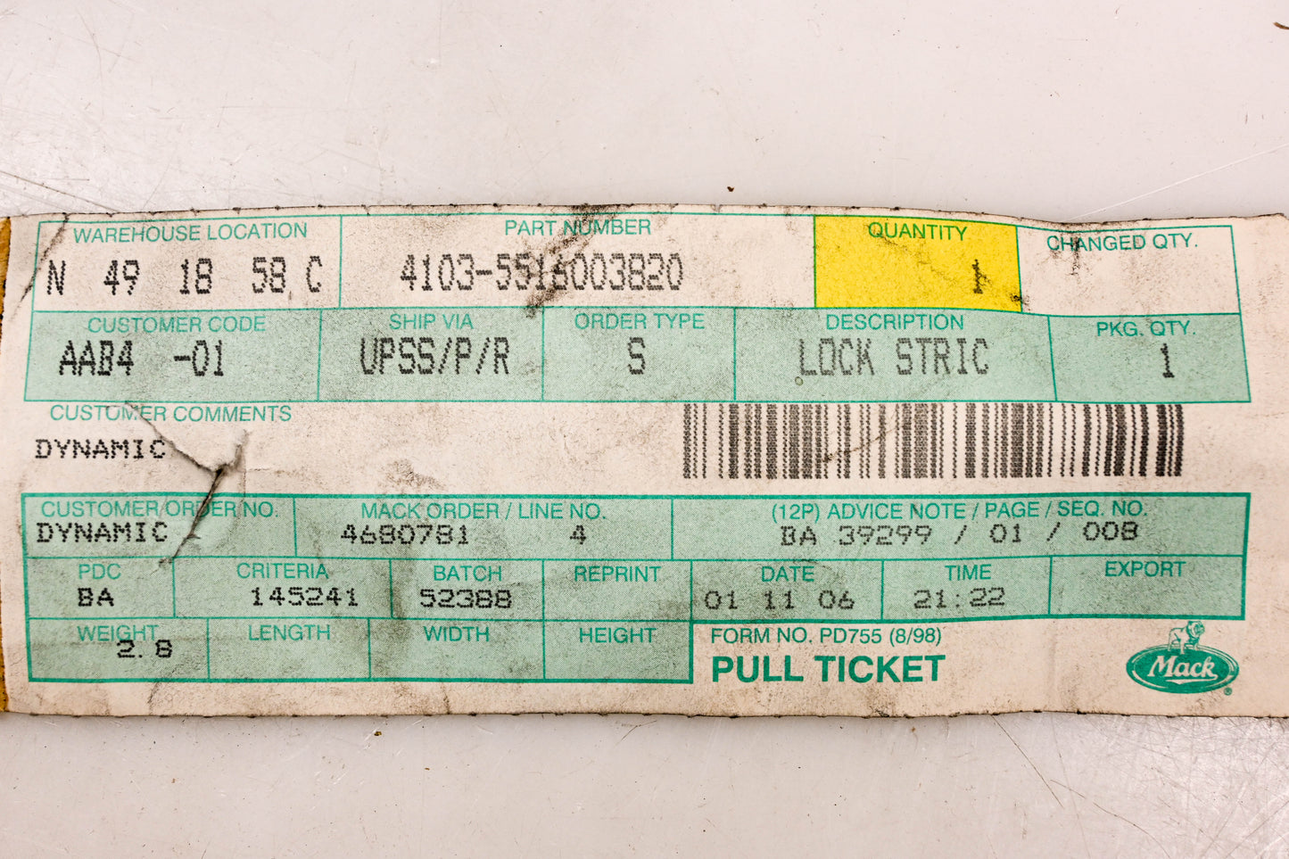 Mack 4103-5516003820 Renault Lock Stricker Plate NOS