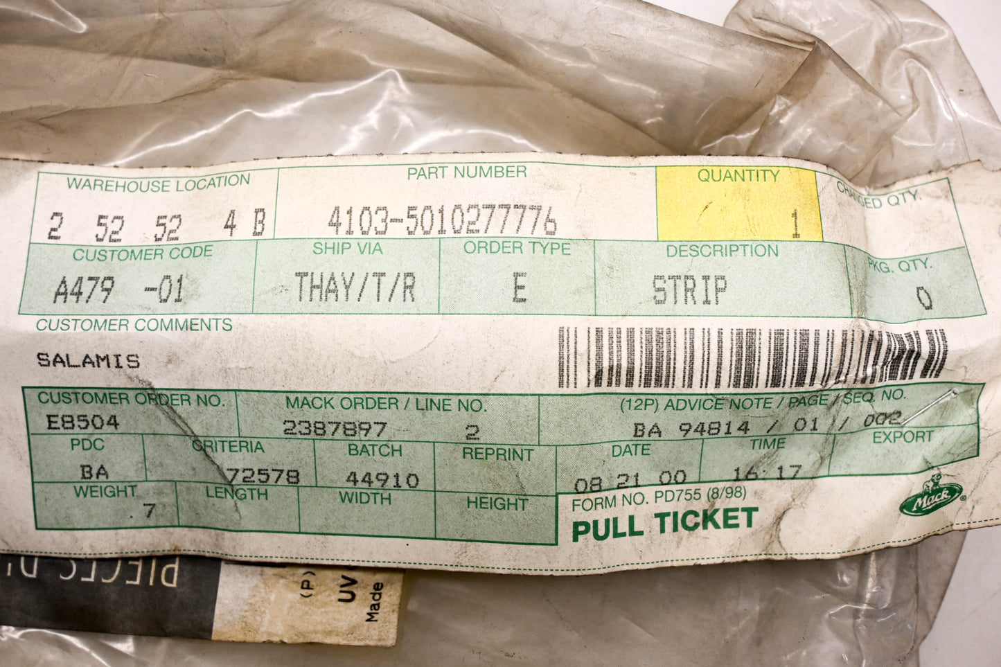 Mack 4103-5010277776 Dashboard Strip NOS