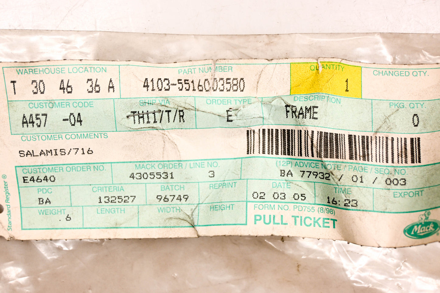 Mack 4103-5516003580 Frame NOS