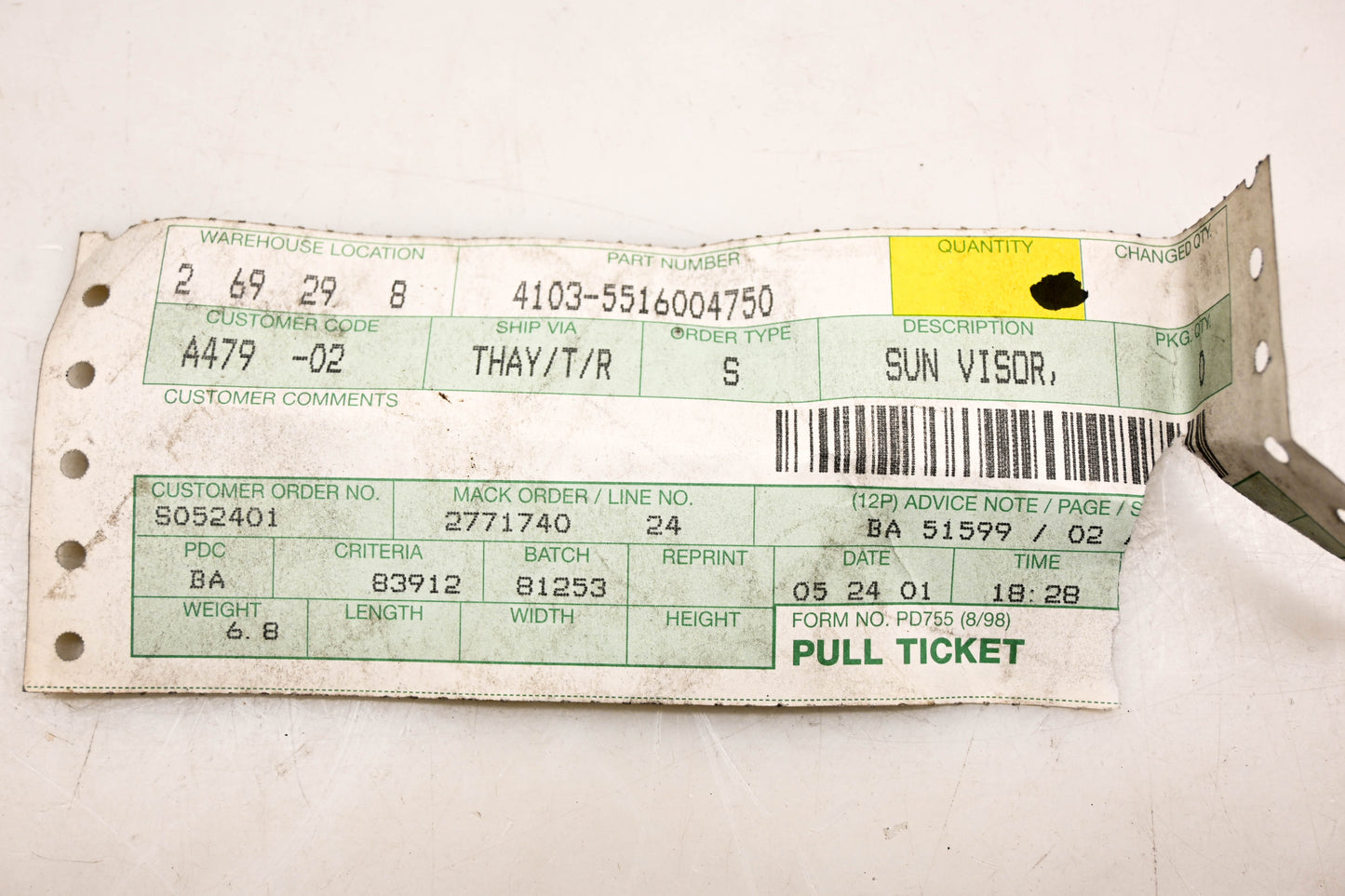 Mack 4103-5516004750, 5516004750 Renault Sun Visor NOS