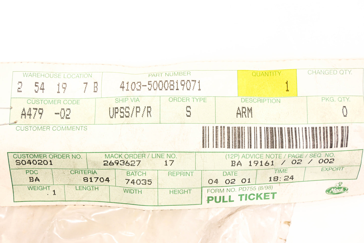 Mack 4103-5000819071, 5000819071 Crank Arm NOS