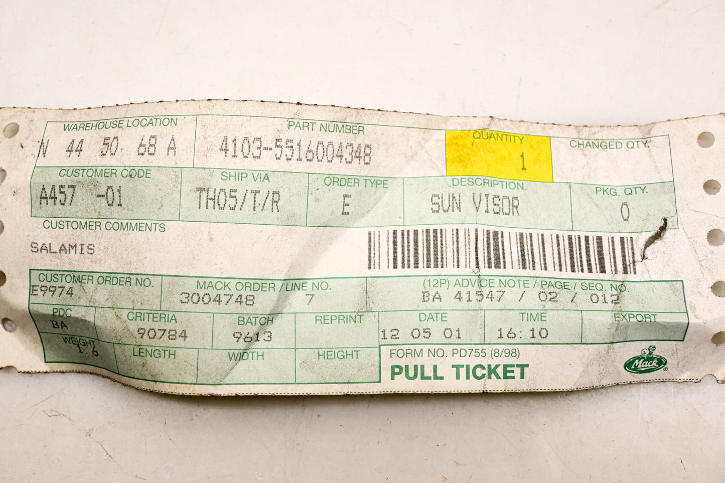 Mack 4103-5516004348, 5516004348 Sun Visor NOS