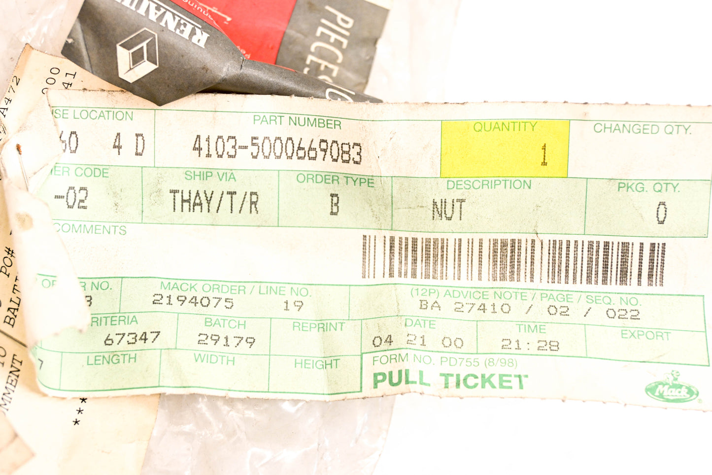 Mack 4103-5000669083, 5000669083 Renault Input Shaft Nut NOS