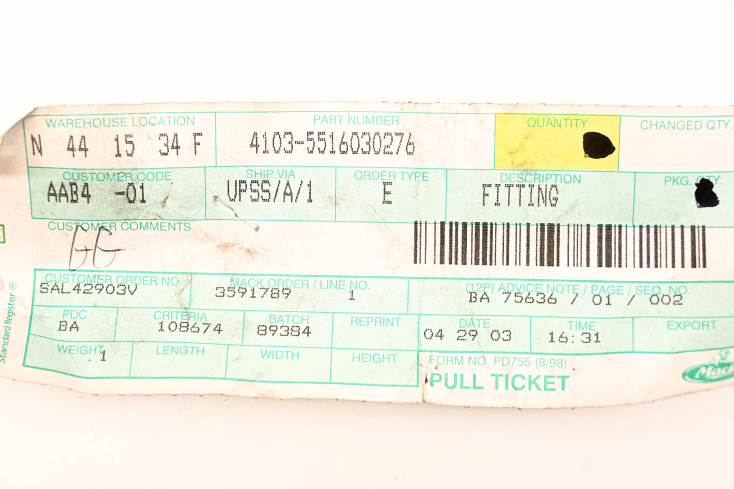 Mack 4103-5516030276, 5516030276 Fitting NOS