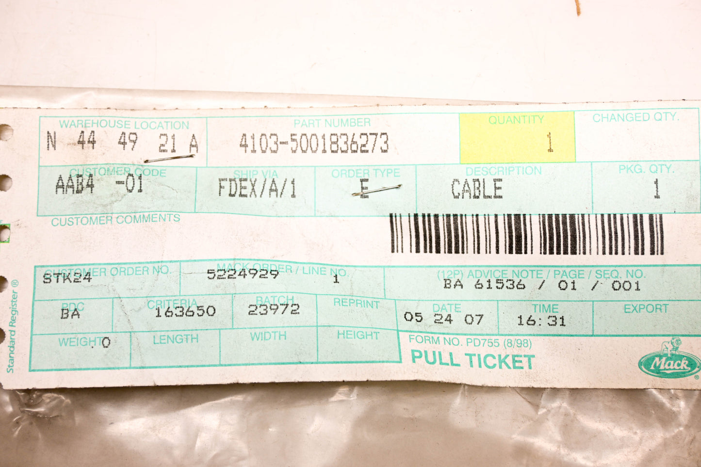Mack 4103-5001836273, 5000836273 Cable NOS