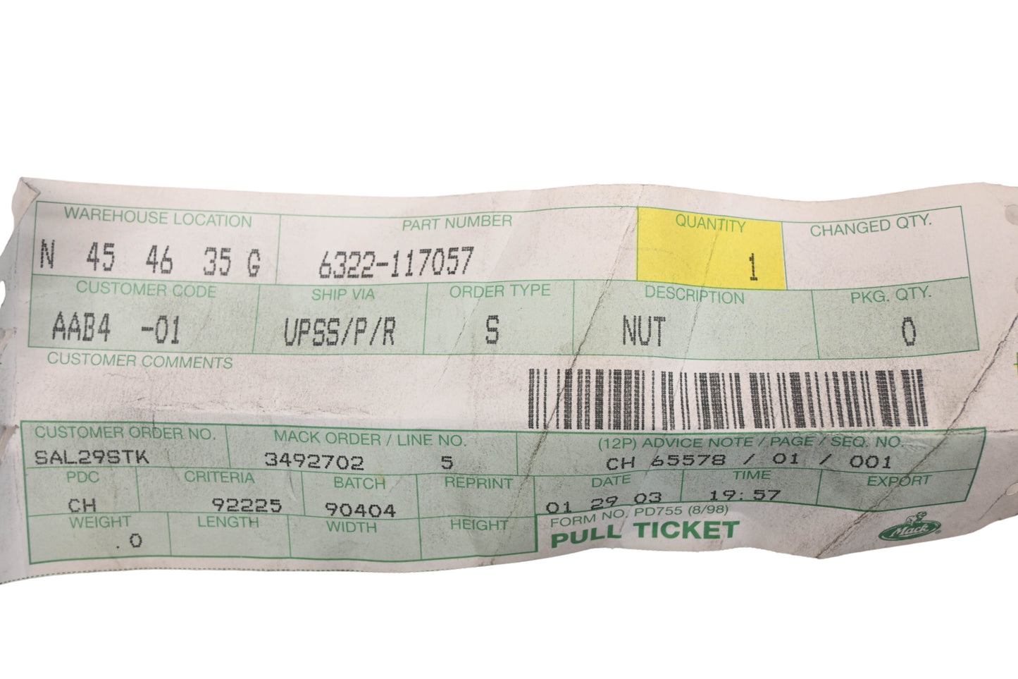 Mack 6322-117057, 6322117057 Nut NOS