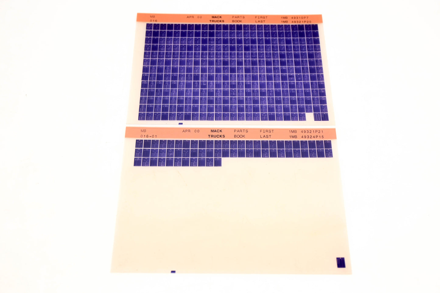 Mack MB016, MB016-01 1MB49310P7 - 1MB49324P15 Parts Microfiche Lot of 2 NOS