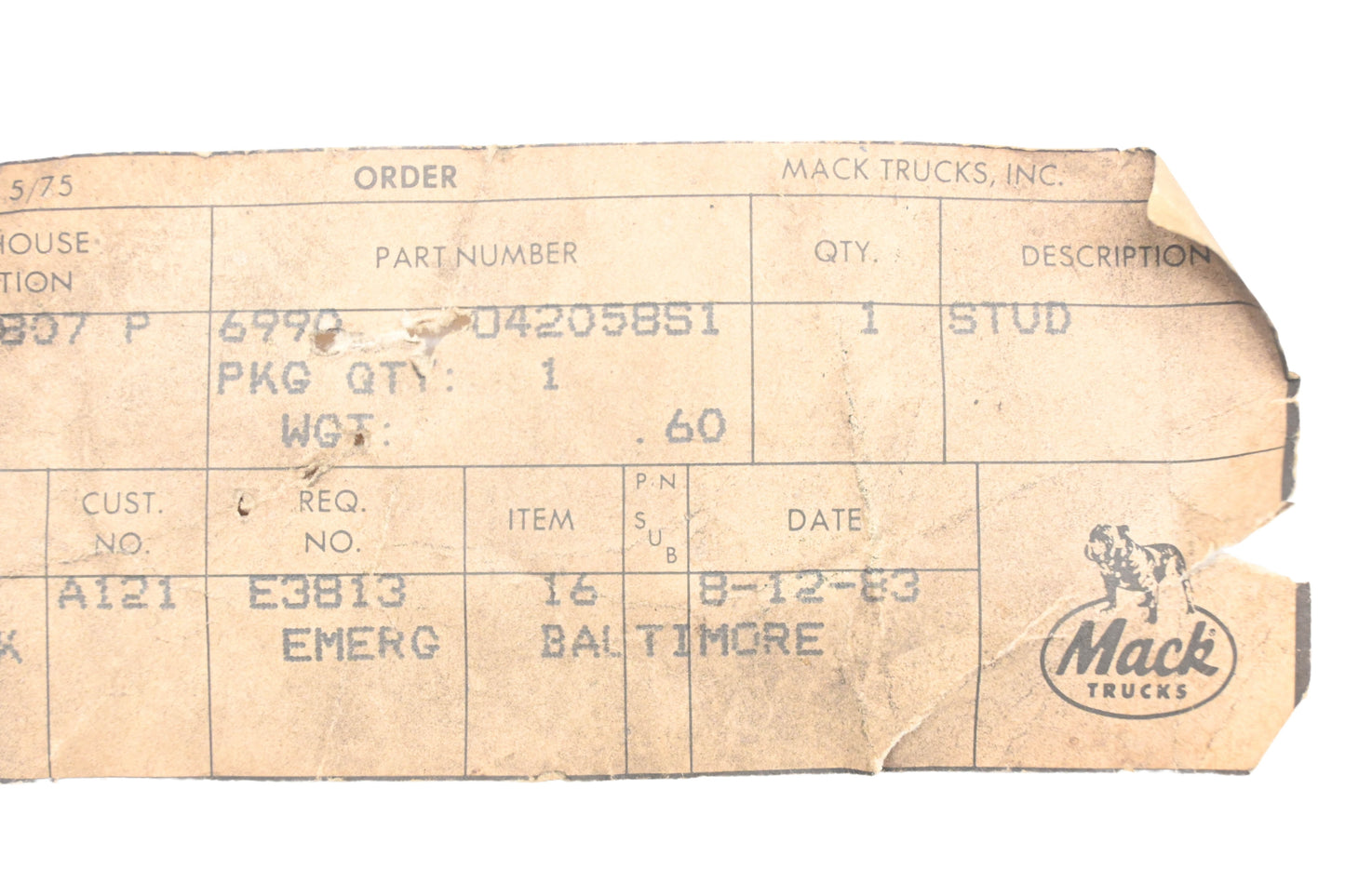 Mack 6990-042058S1, 6990042058S1 Ball Stud NOS