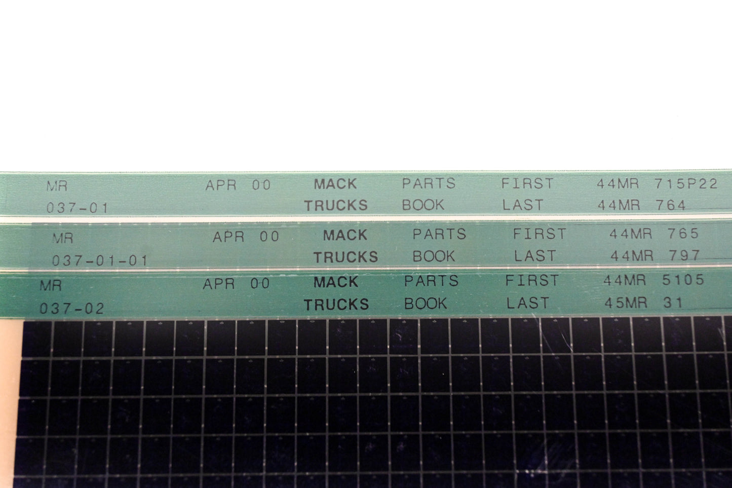 Mack MR037-01, MR037-01-01, MR037-02 44MR765 -45MR31 Parts Microfiche Lot of 3 NOS