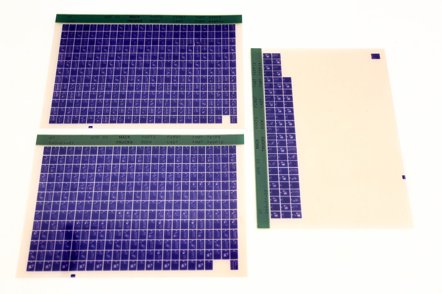 Mack MT040, MT040-01-01, MT040-01-02 74MT429P3 - 74MT750P14 Parts Microfiche Lot of 3 NOS