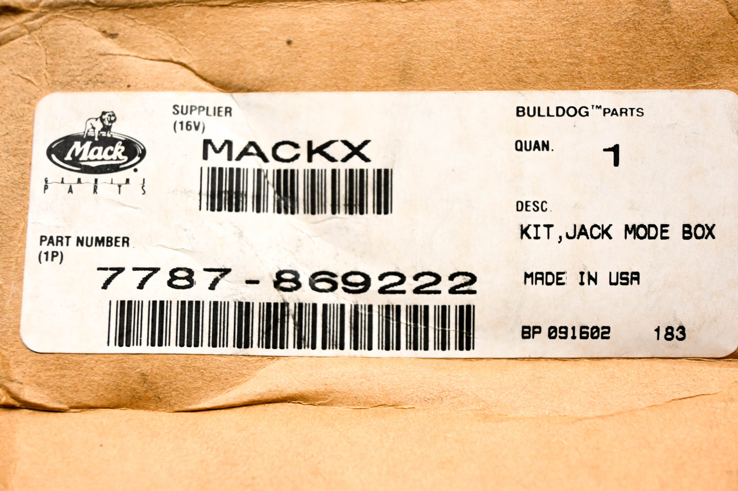 Mack 7787-869222 Jack Mode Box Assembly NOS
