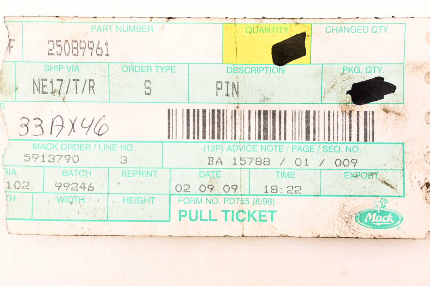 Mack 25089961, 33AX46 Clevis Pin NOS