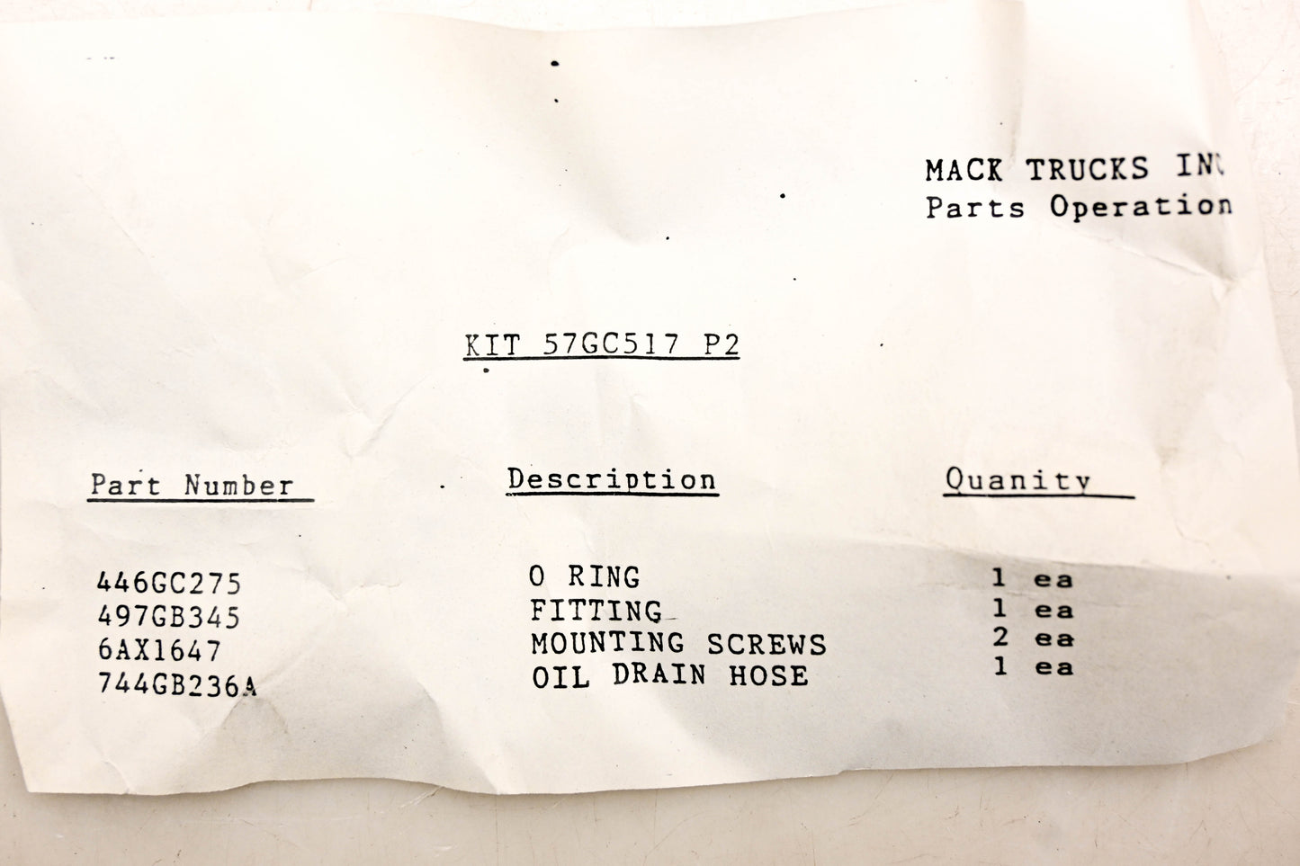 Mack 57GC517 Oil Drain Kit NOS