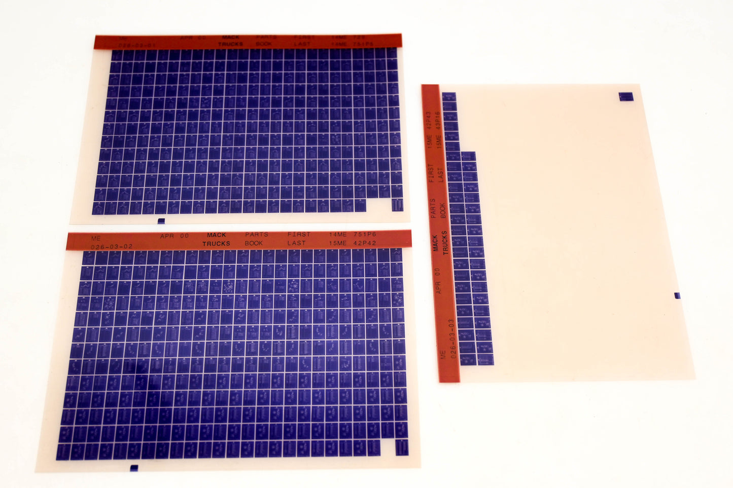 Mack ME026-03-01, ME026-03-02, ME026-03-03 14ME729 - 15ME43P16 Parts Microfiche Lot of 3 NOS