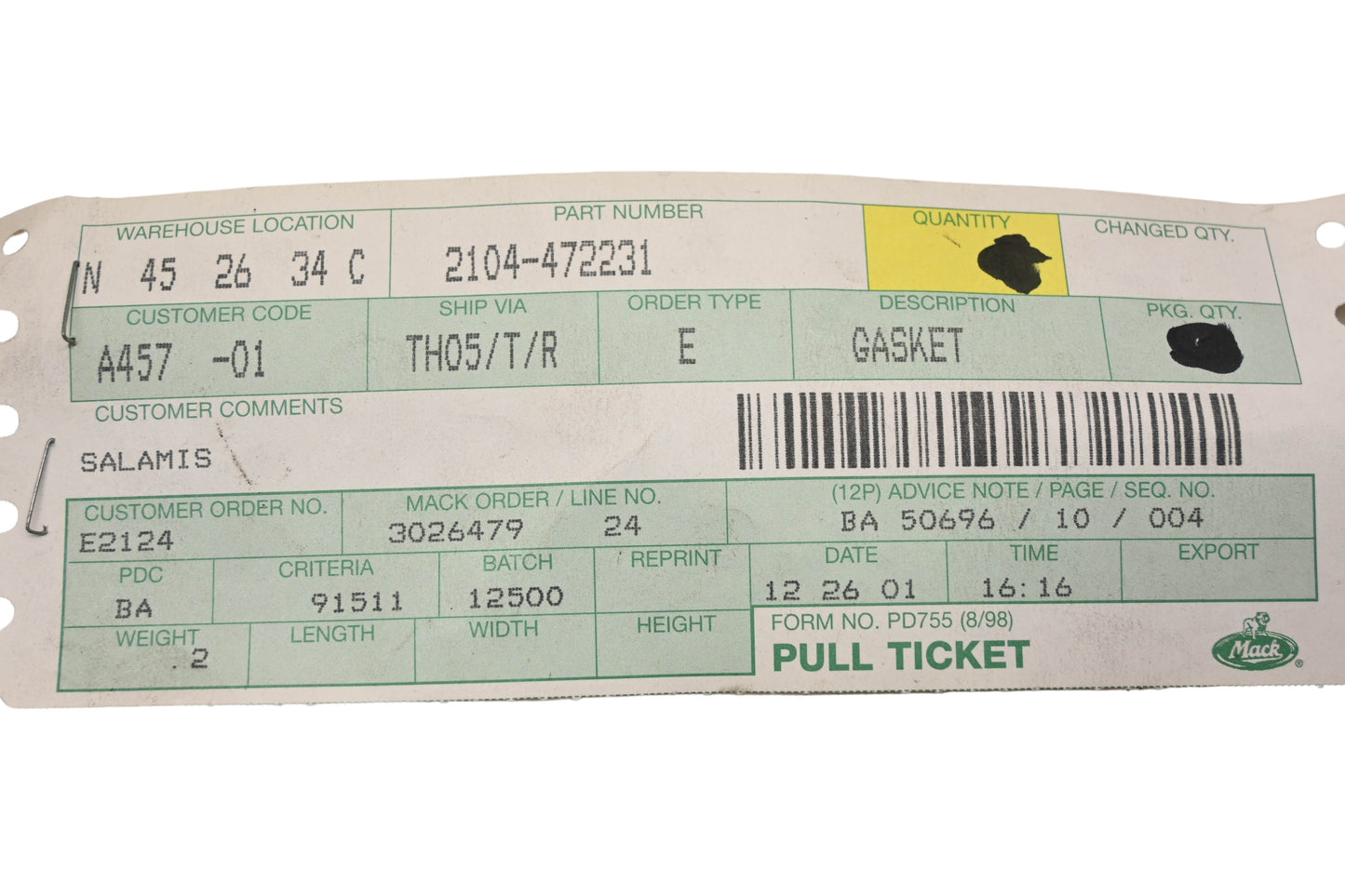 Mack 2104-472231 Gasket NOS
