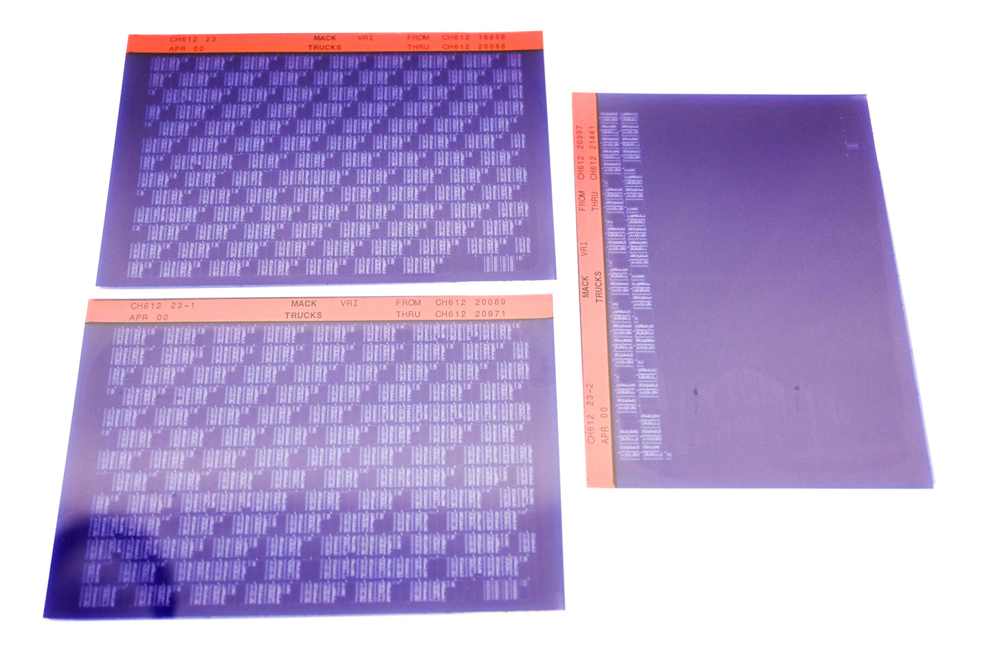 Mack CH612 23, CH612 23-1, CH612 23-2 CH61219958 - CH61221441 VRI Microfiche Lot of 3 NOS