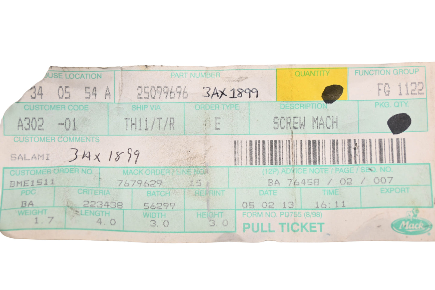Mack 3AX1899, 25099696 Screw NOS