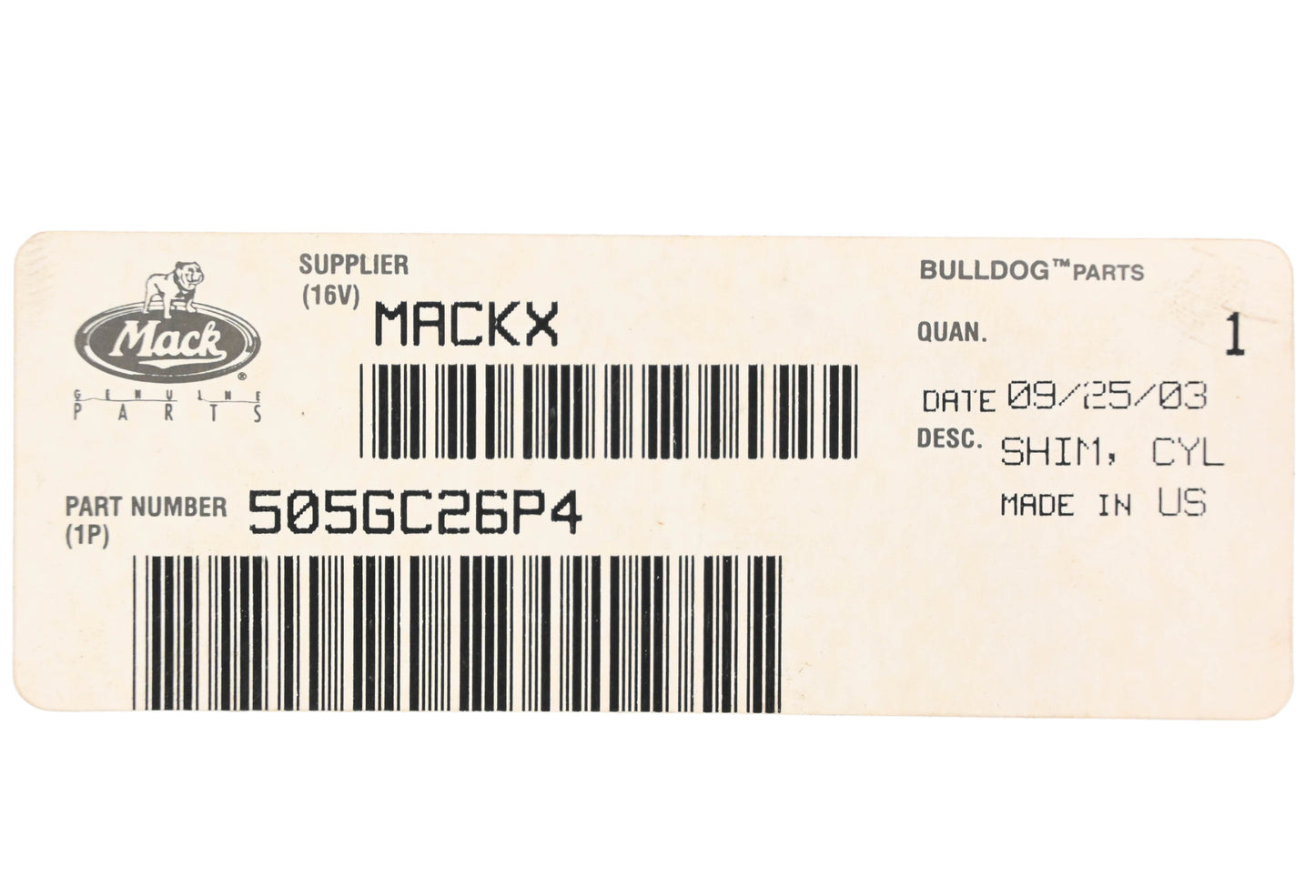 Mack 505GC26P4, 25101519 Cylinder Sleeve Shoulder Shim NOS