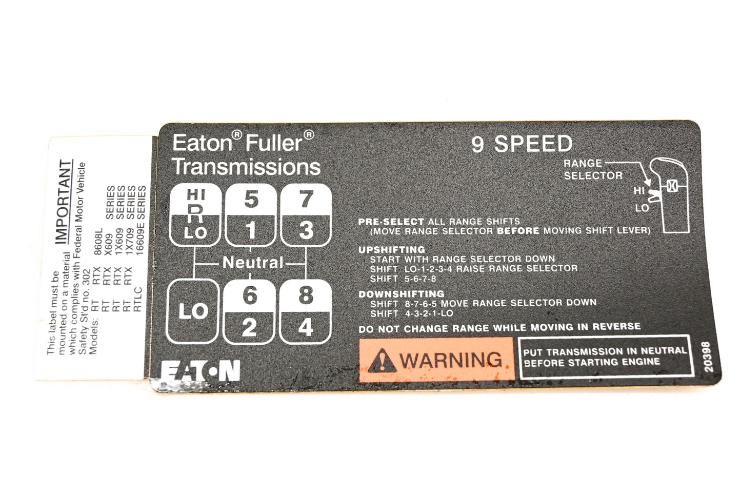 Eaton Fuller 20398 9-Speed Transmission Shift Decal NOS