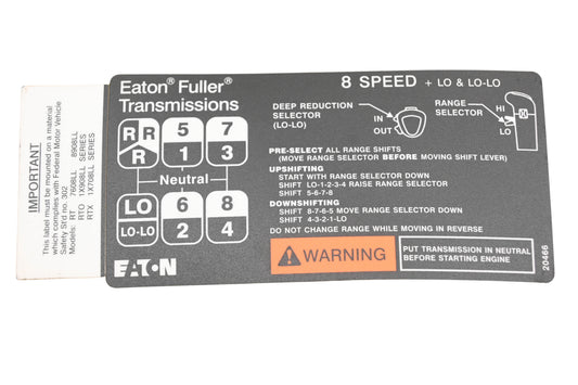 Mack 3088-20466 8-Speed Shift Diagram Decal NOS