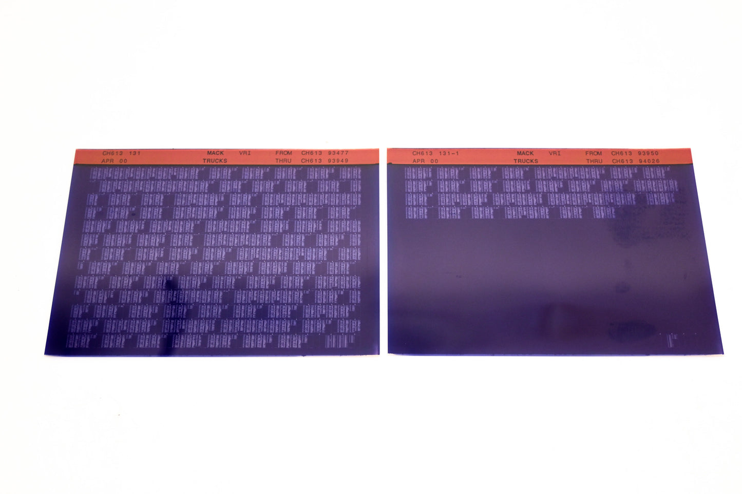 Mack CH613 131, CH613 131-1 CH61393477 - CH61394026 VRI Microfiche Lot of 2 NOS