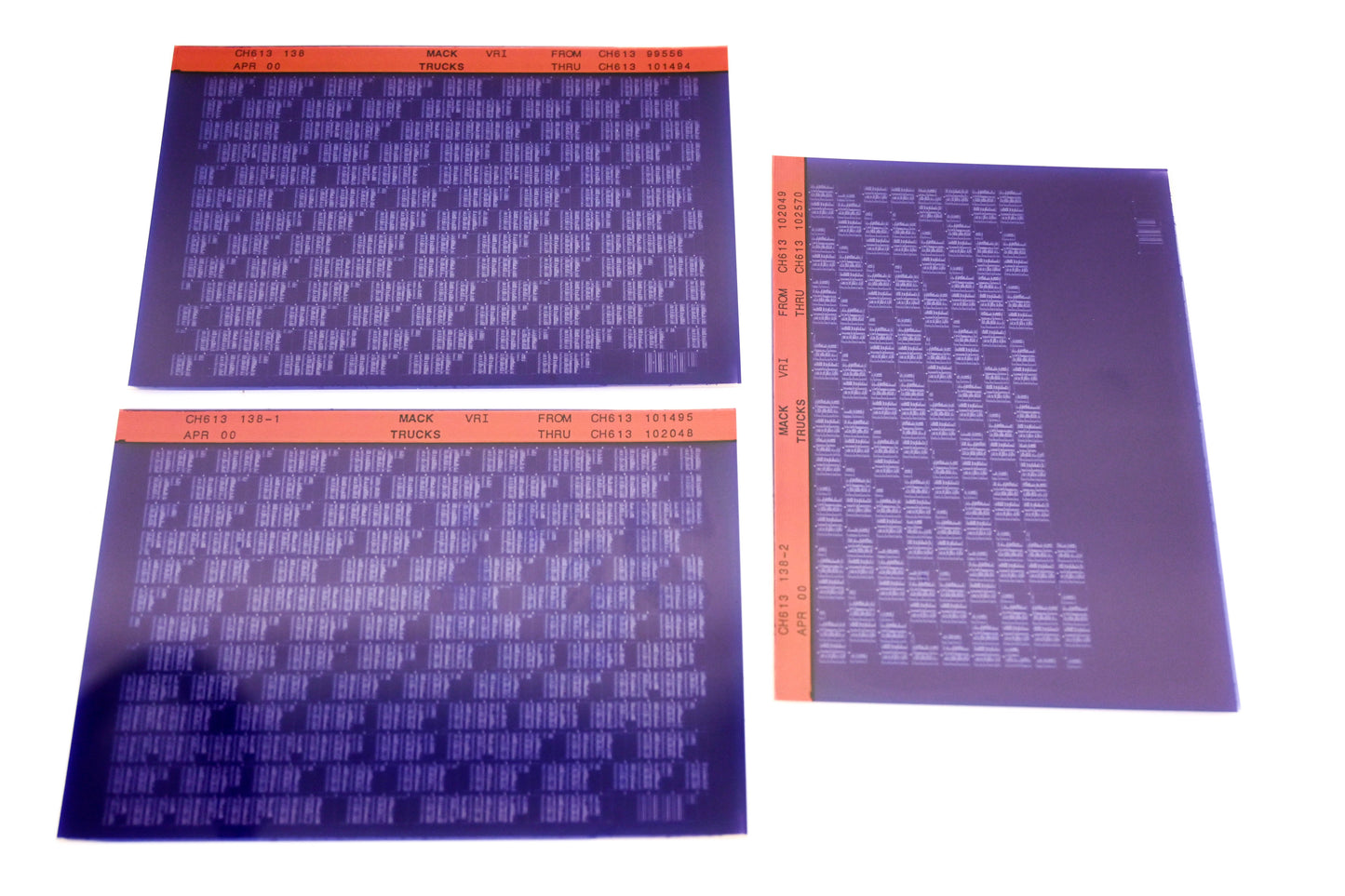 Mack CH613 138, CH613 138-1, CH613 138-2 CH61399556 -CH613102570 VRI Microfiche Lot of 3 NOS