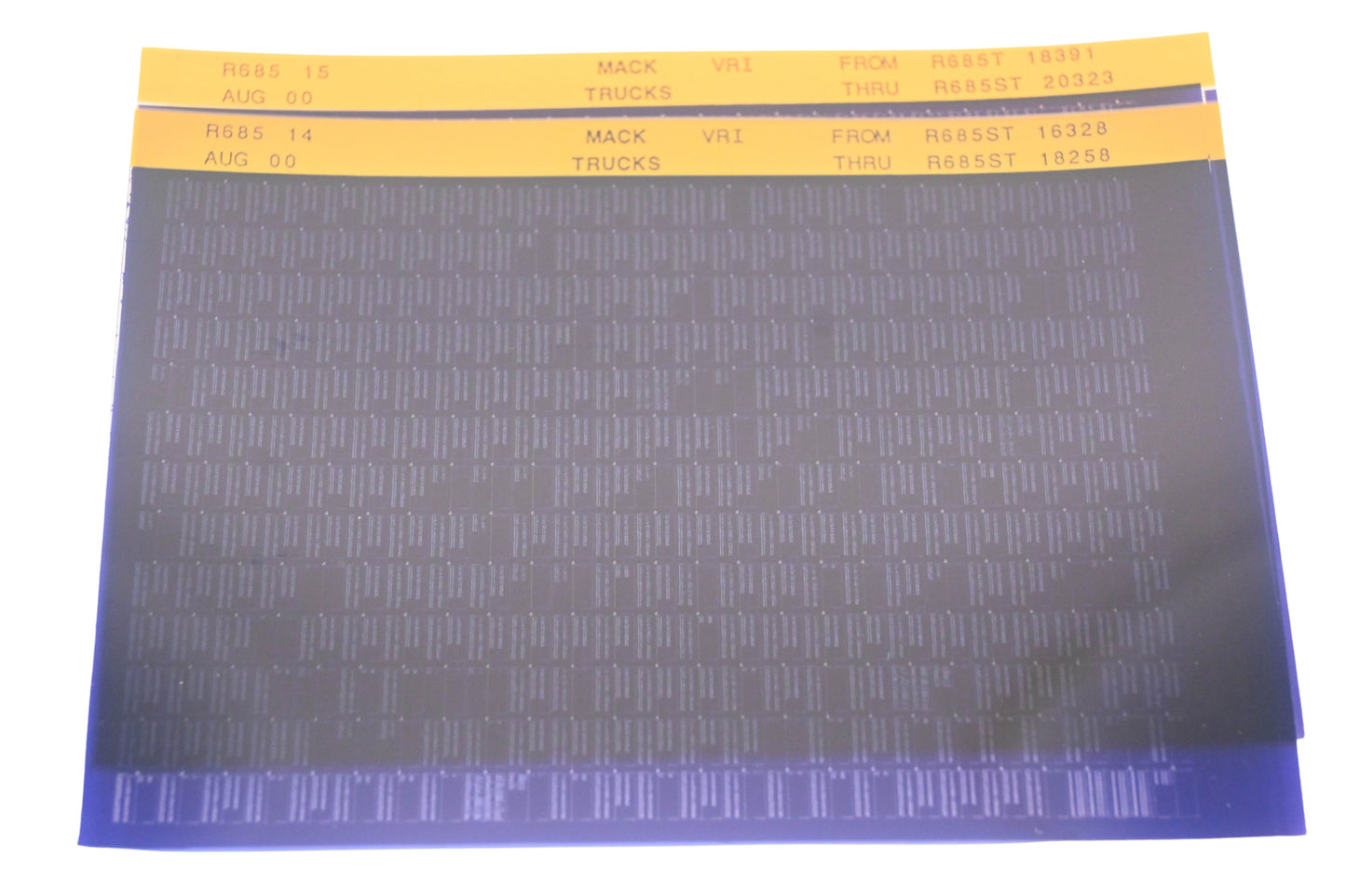 Mack R685 14, R958 15 685ST16328 - R685ST20323 VRI Microfiche Lot of 2 NOS