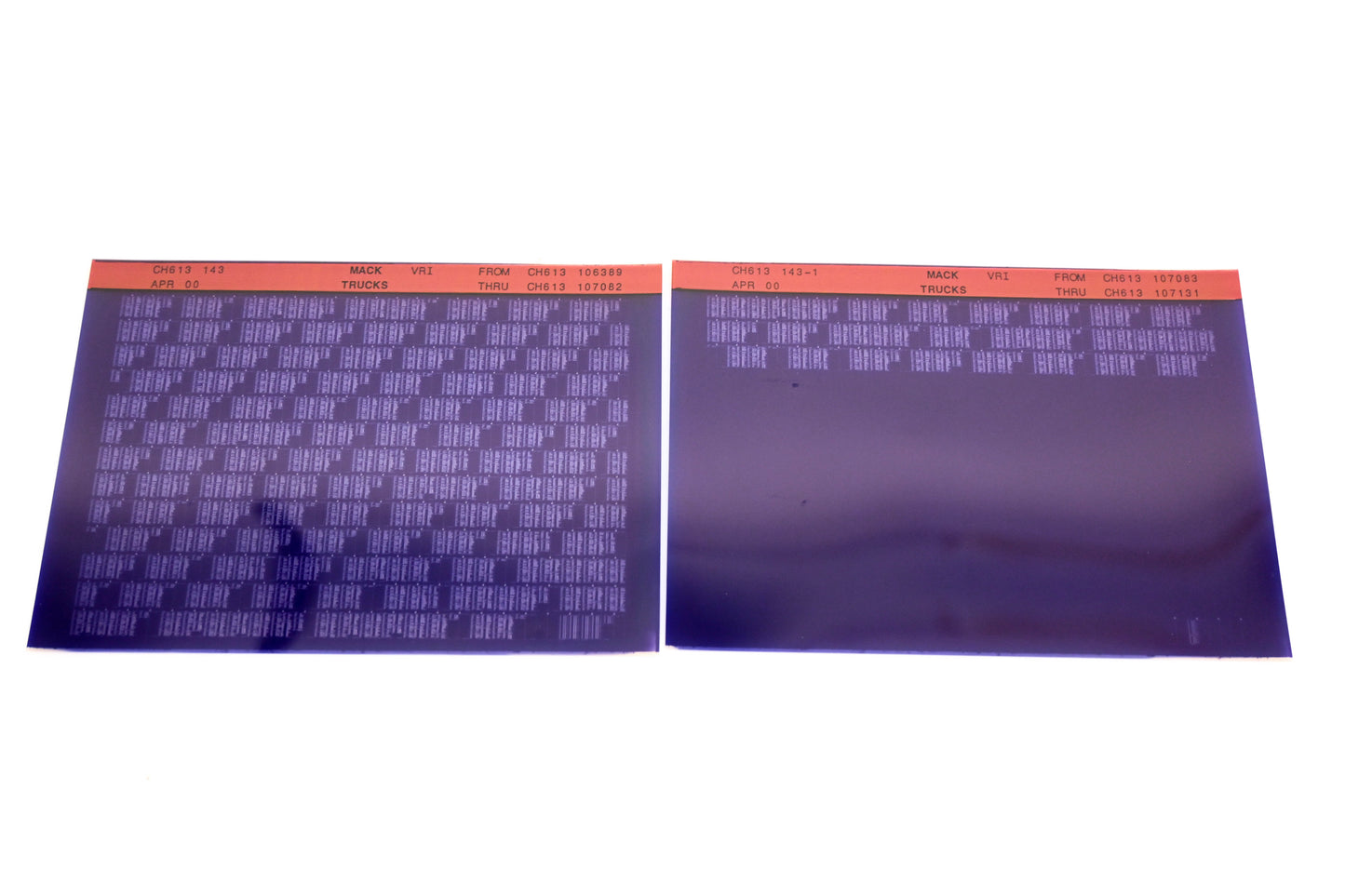 Mack CH613 143, CH613 143-1 CH613106389 -CH613107131 VRI Microfiche Lot of 2 NOS