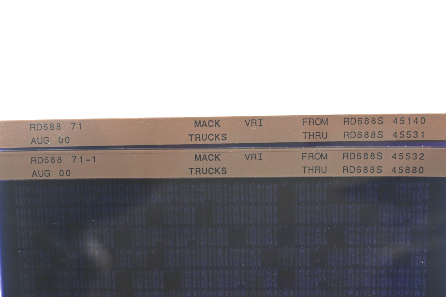 Mack RD688 71, RD688 71-1 RD688S45140 - RD688S45880 VRI Microfiche Lot of 2 NOS