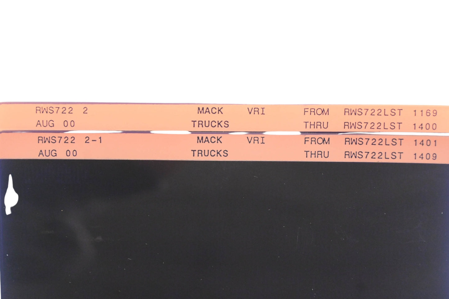 Mack RWS722 2, RWS722 2-1 RWS722LST1169 - RWS722LST1409 VRI Microfiche Lot of 2 NOS