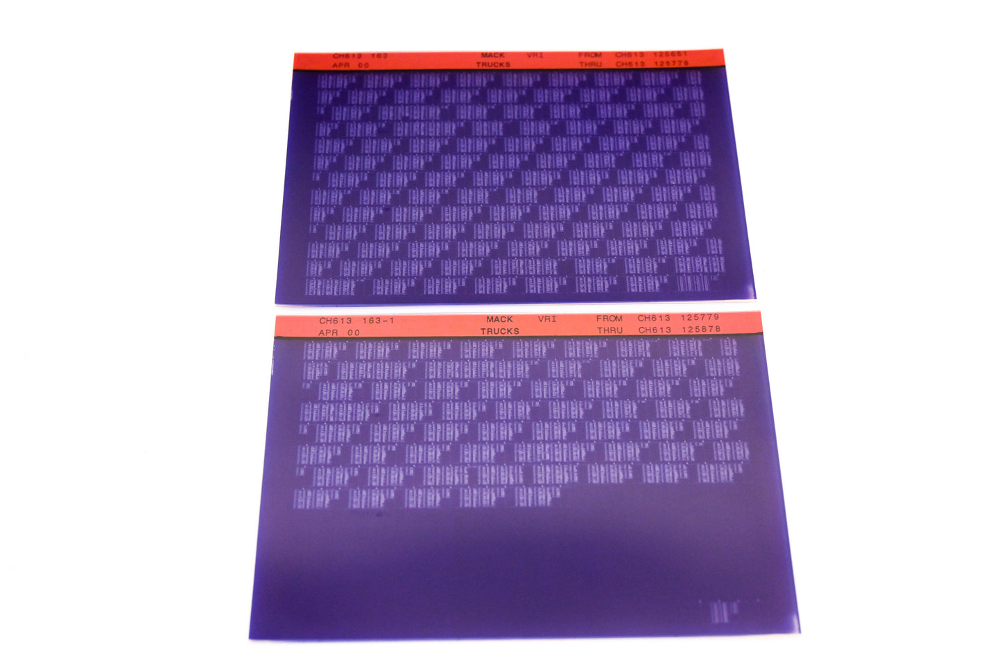 Mack CH613 163, CH613 163-1 CH613125651 - CH613125878 VRI Microfiche Lot of 2 NOS